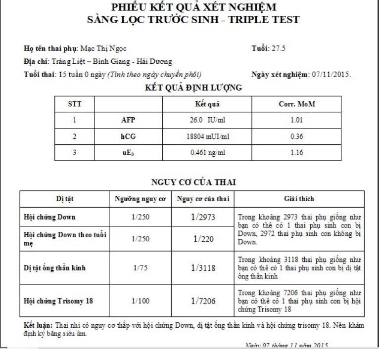 Kết quả xét nghiệm Triple test thế nào là bình thường?